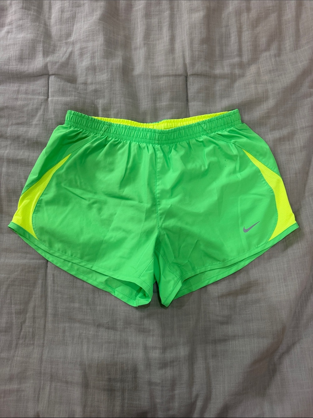 Nike Women's Neon Green Running Shorts with Yellow Panels